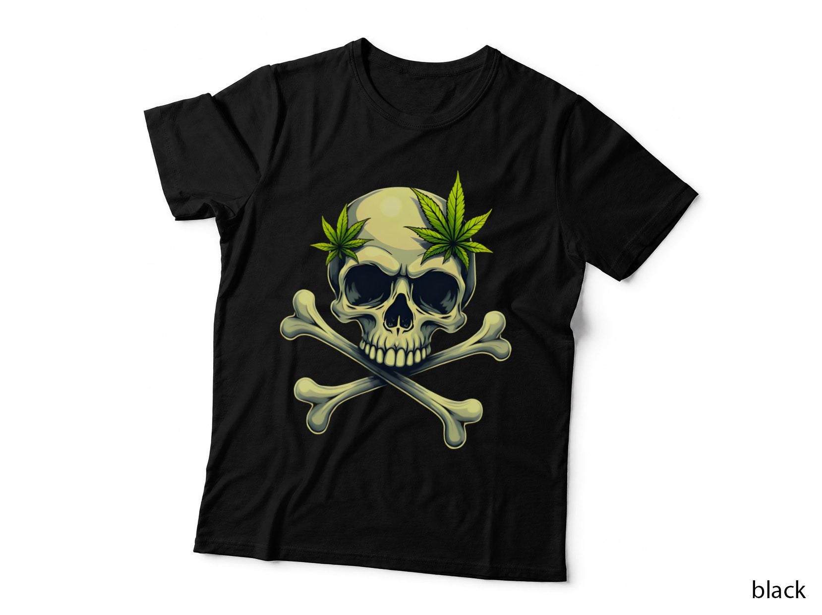 Grinning Skull and Crossbones with Cannabis Leaves Stoner T-Shirt