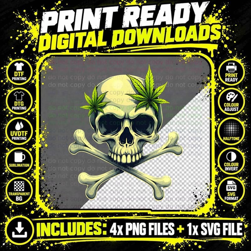 Grinning Skull and Crossbones with Cannabis Leaves Png SVG Digital Bundle