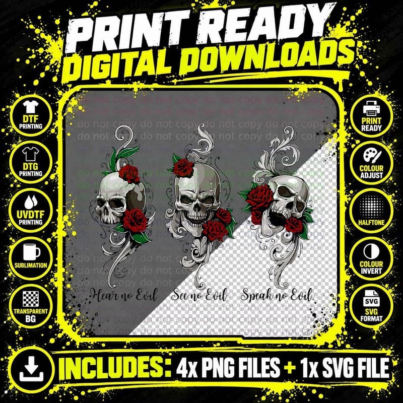 Hear No Evil See No Evil Speak No Evil Rose Skull Tattoo Png SVG Digital Bundle
