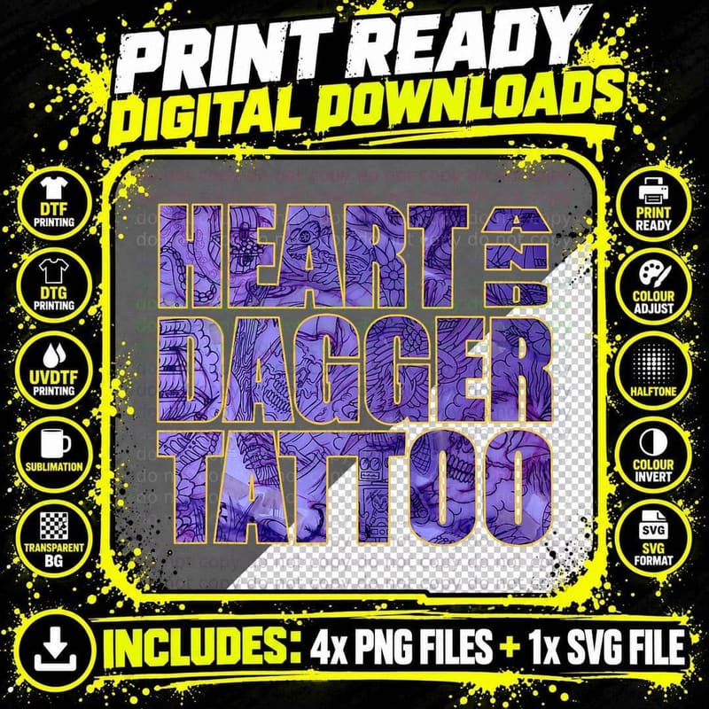 Heart and Dagger Tattoo Purple T-Shirt Png SVG Digital Bundle