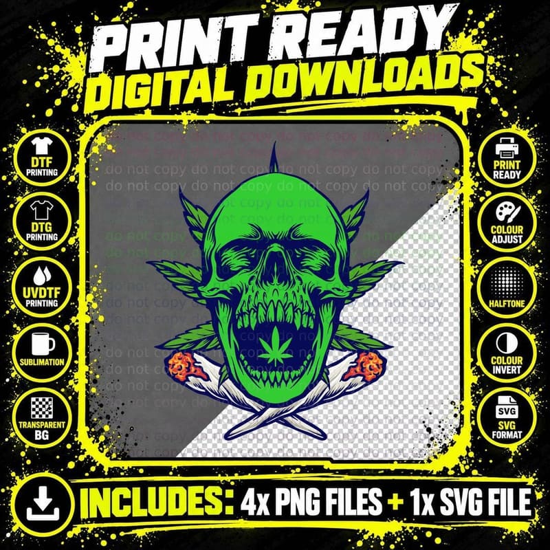 Hellfire Skull Green with Cannabis Leaves and Crossed Png SVG Digital Bundle