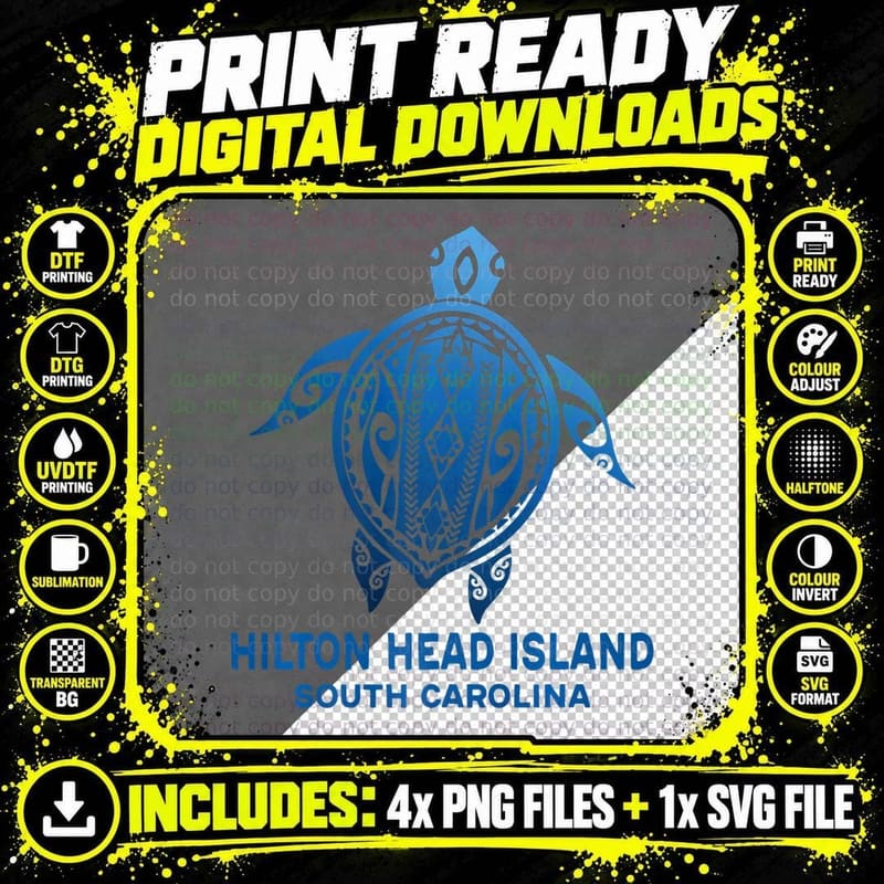 Hilton Head Island SC Tribal Tattoo Blue Sea Turtle Png SVG Digital Bundle