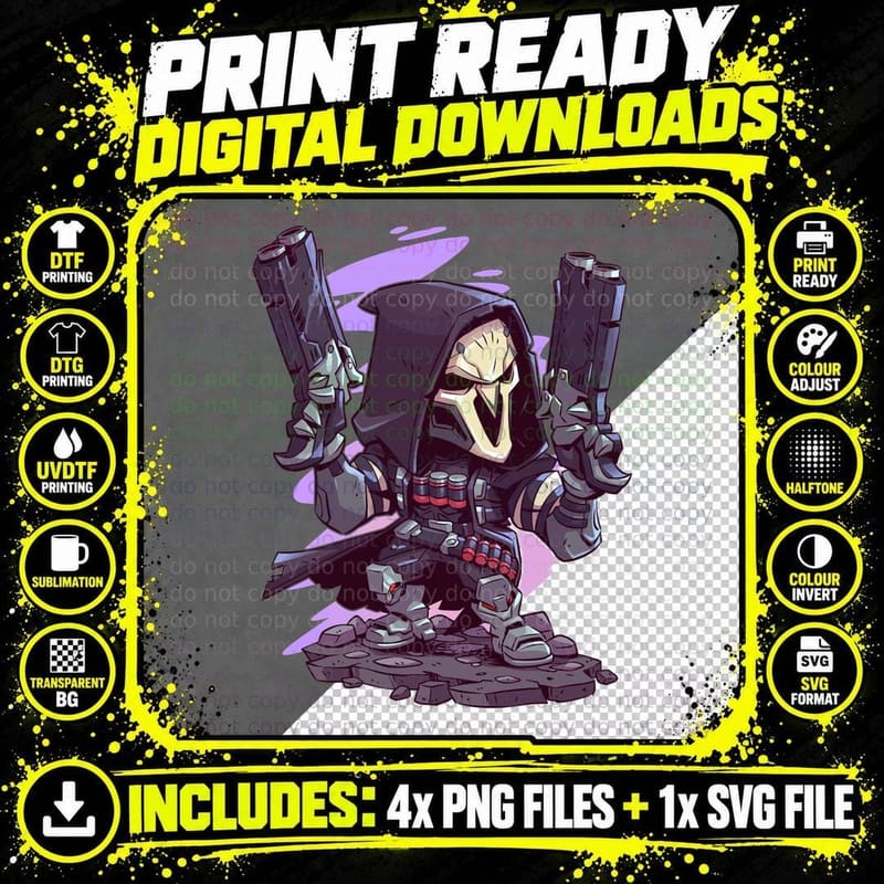 Hooded Skull Mask Gunman Twin Pistols Armored Villain Png SVG Digital Bundle