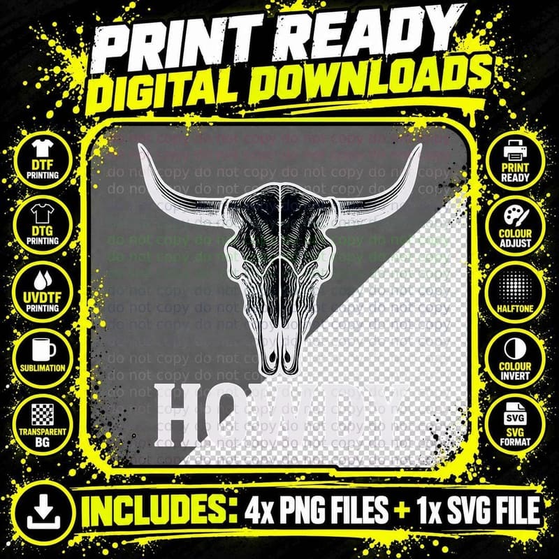 Howdy Western T-Shirt, Western Skull Illustration Png SVG Digital Bundle
