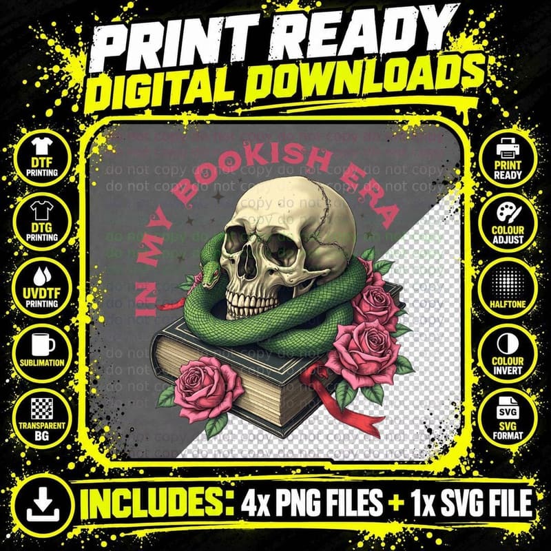 In My Bookish Era Books T-Shirt, Skull Snake Roses on Png SVG Digital Bundle