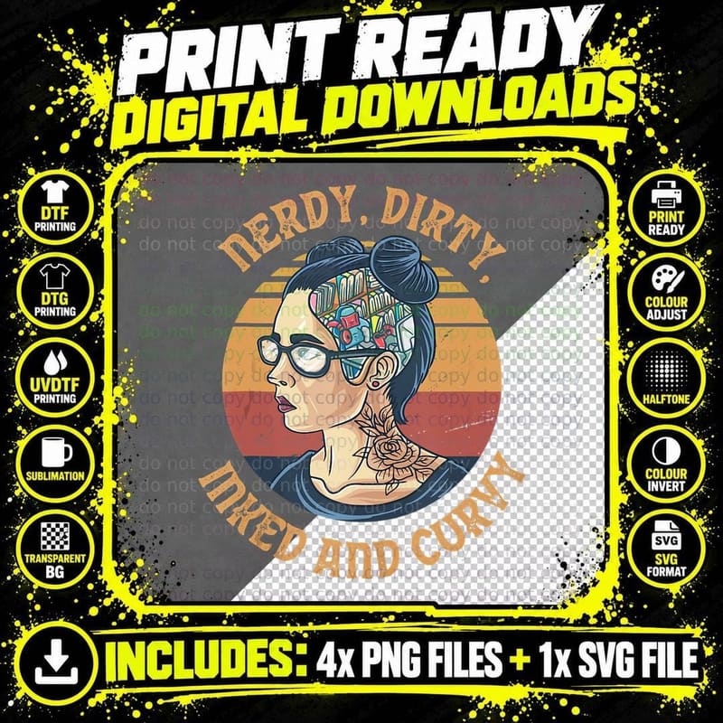 Inked, Curvy, Dirty and Nerdy Girl Tattoo Book Reading Png SVG Digital Bundle