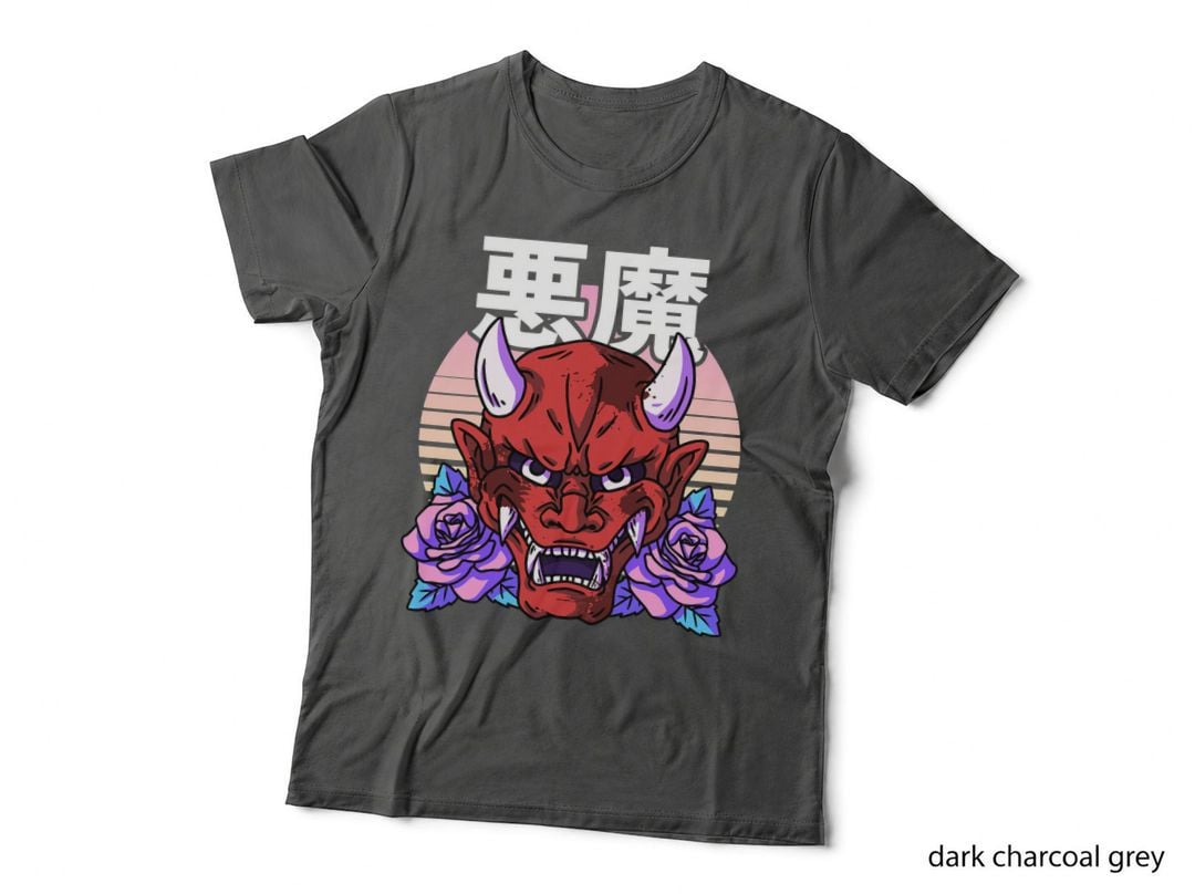 Japanese Demon Face Skull Devil Vaporwave Roses Flower T-Shirt