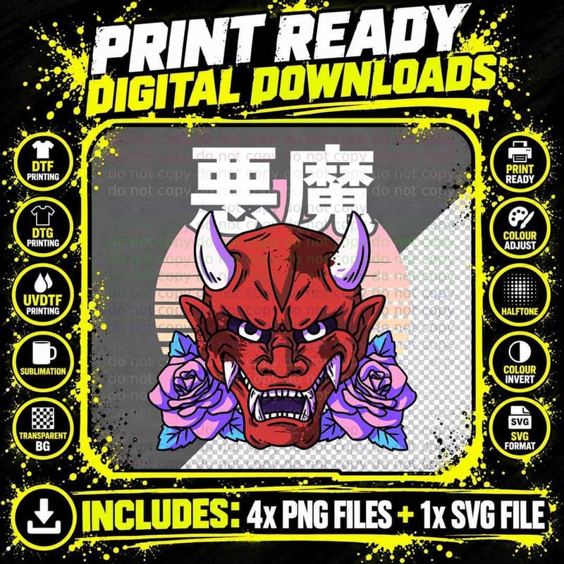 Japanese Demon Face Skull Devil Vaporwave Roses Flower Png SVG Digital Bundle