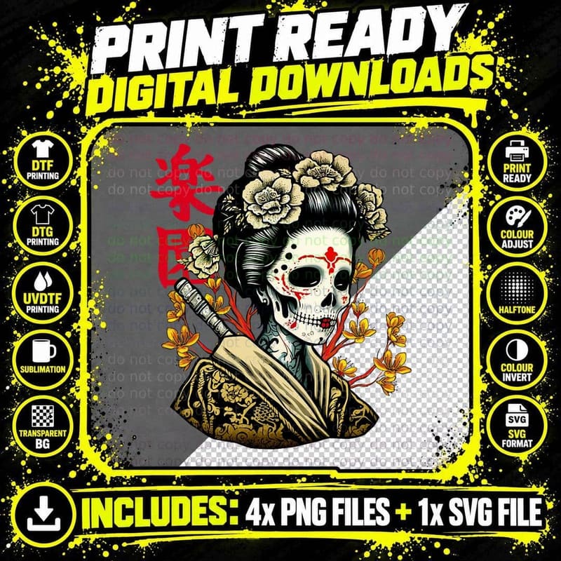 Japanese Geisha Skull Women with Sakura Tree T-Shirt Png SVG Digital Bundle
