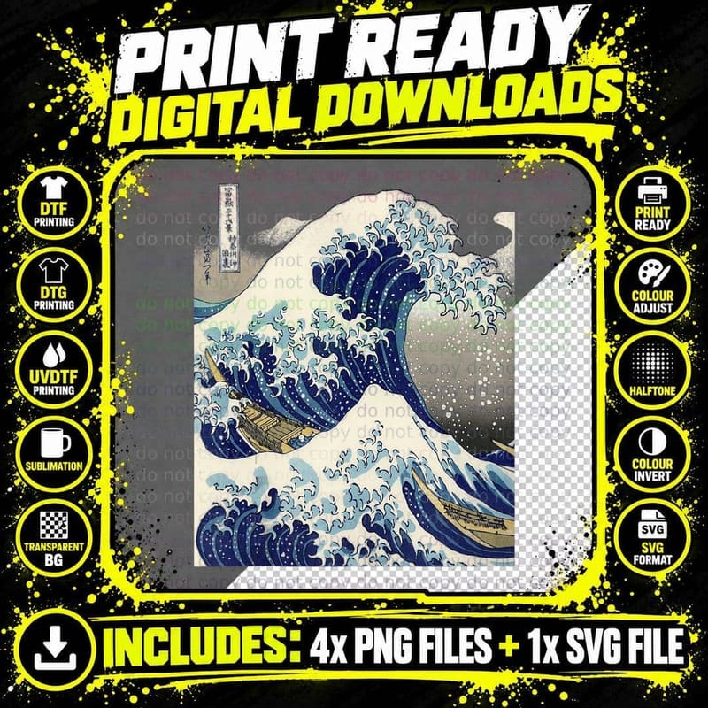 Japanese Tattoo Ukiyo-E Kanagawa the Great Wave Gift Png SVG Digital Bundle