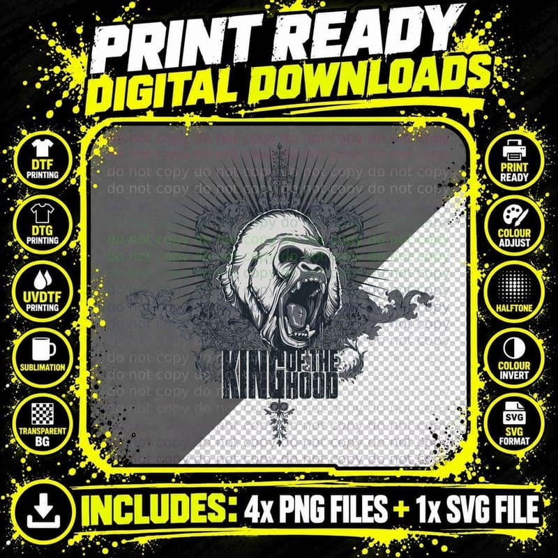 King of the Hood Skull Lion Wings Gothic Ornate Black Png SVG Digital Bundle