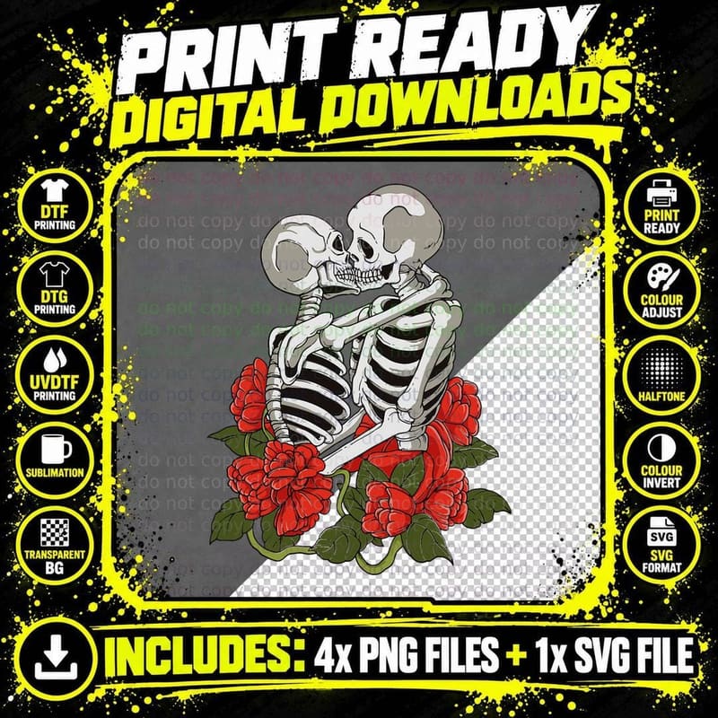 Kissing Skulls Skeletons Red Roses Flowers Death Goth Png SVG Digital Bundle