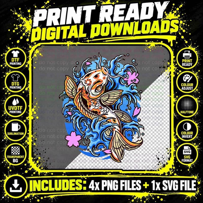 Koi Fish Tattoo Art Style Japanese Fish T-Shirt Png SVG Digital Bundle