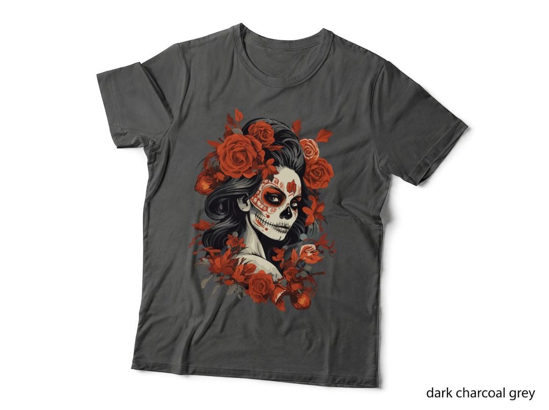 La Catrina Day of the Dead Dia De Los Muertos Red Roses Sugar Skull T-Shirt