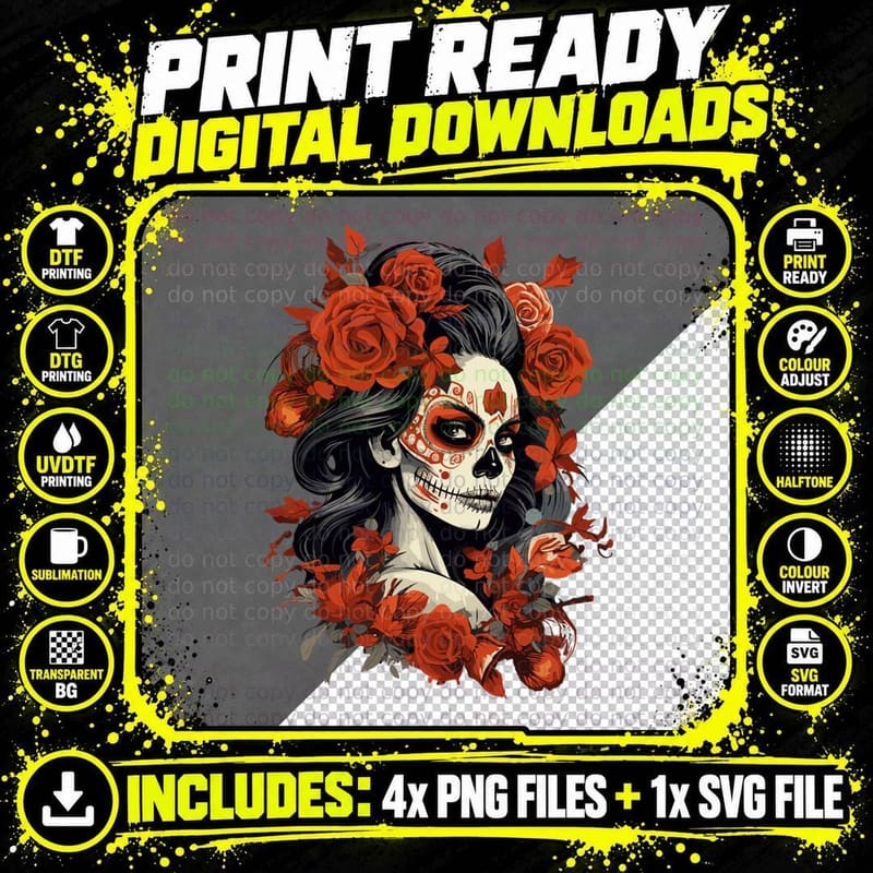 La Catrina Day of the Dead Dia De Los Muertos Red Roses Png SVG Digital Bundle