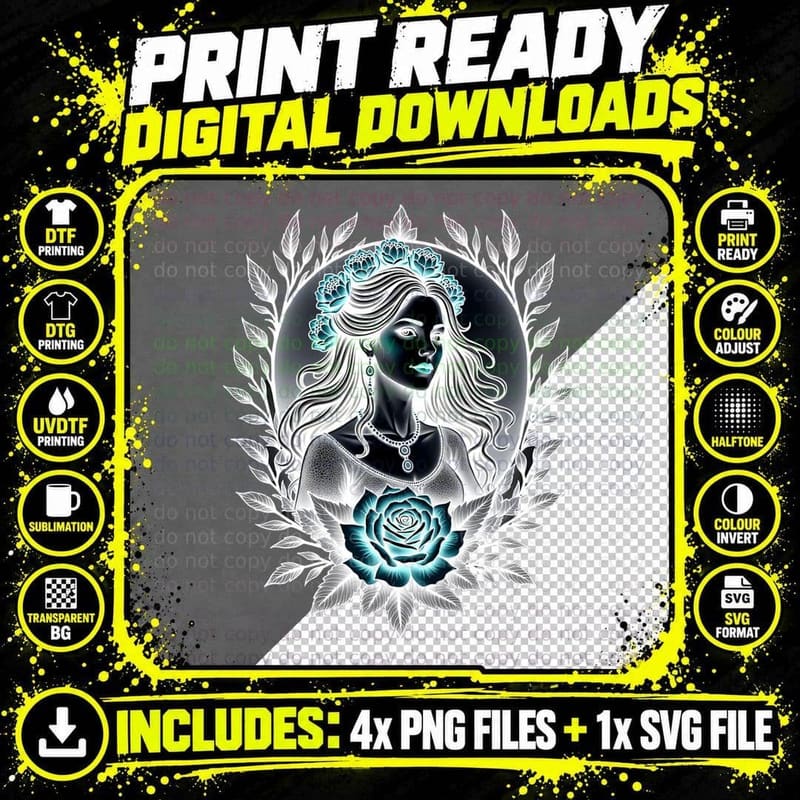 Lady with Flowing Flowers Tattoo T-Shirt Png SVG Digital Bundle