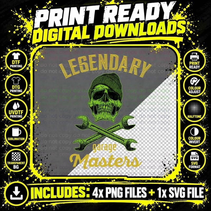 Legendary Garage Masters Skull with Wrenches and Gears Png SVG Digital Bundle