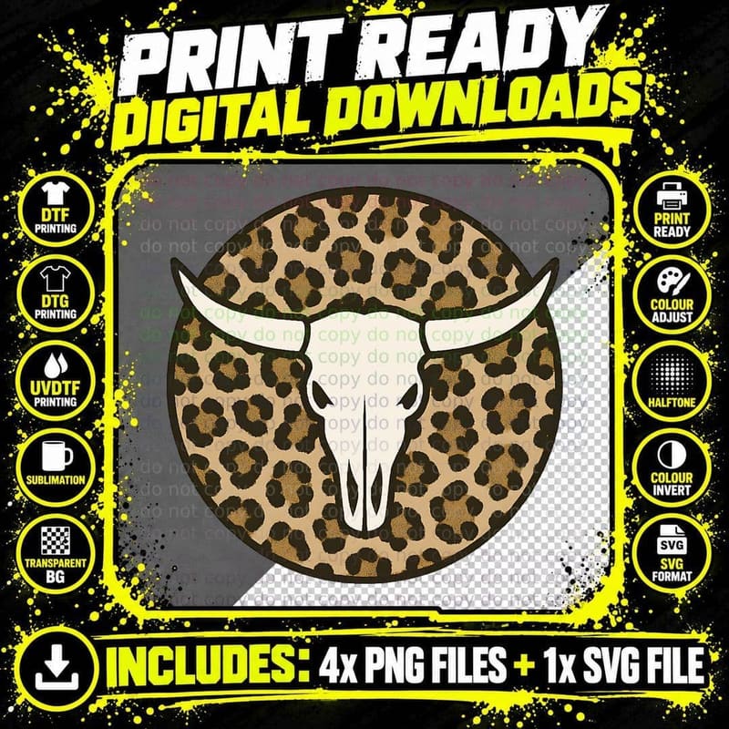 Leopard Print Bull Skull Western T-Shirt Png SVG Digital Bundle