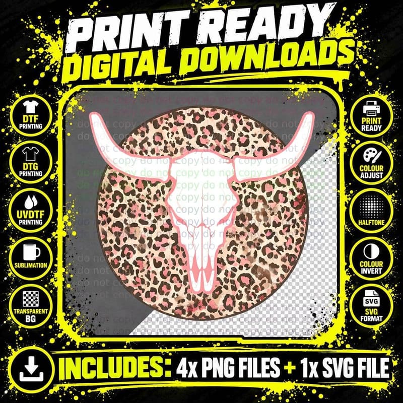Leopard Print Skull with Horns Western T-Shirt Png SVG Digital Bundle
