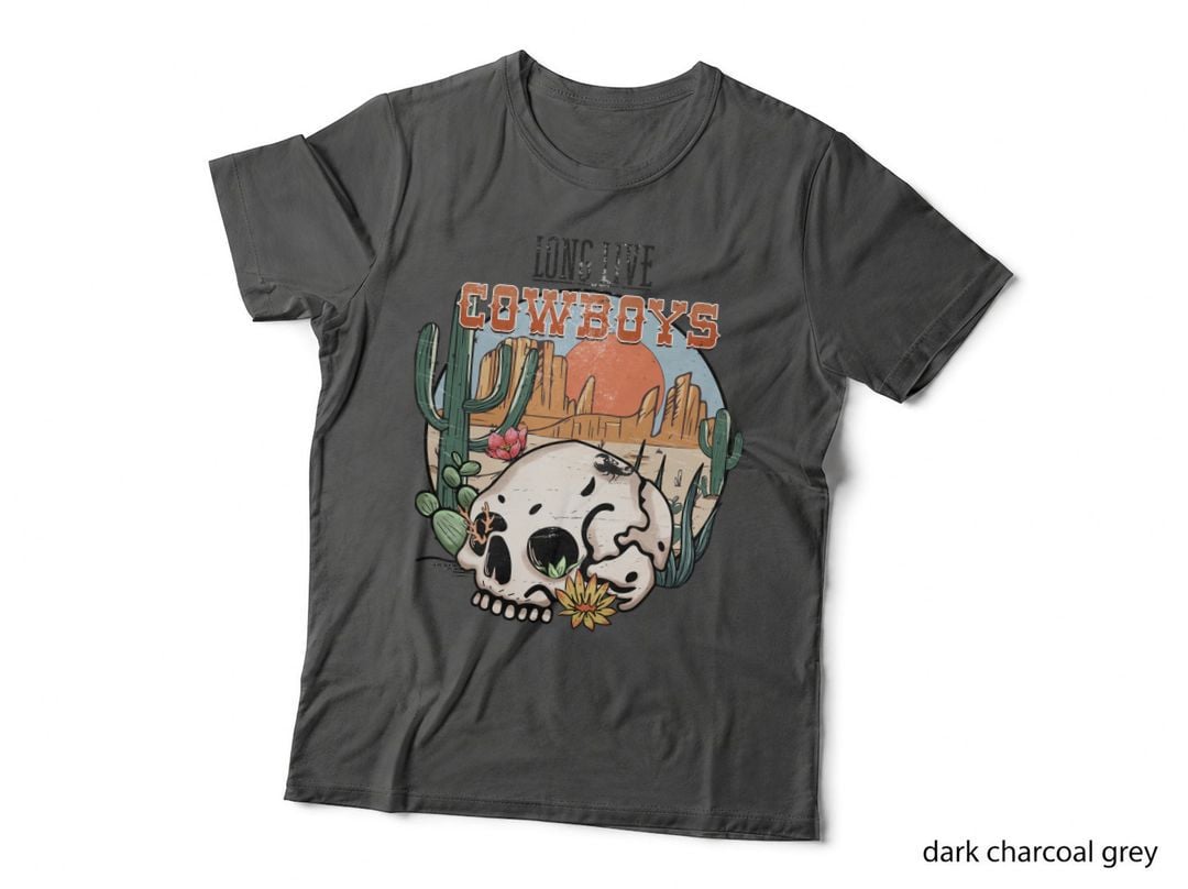 Long Live Cowboys Western T-Shirt, Desert Skull with Cacti and Flowers Graphic
