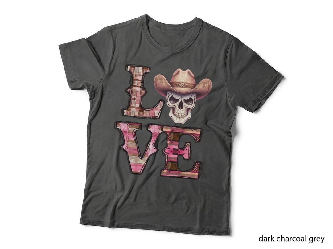 Love Western T-Shirt, Skull Wearing Cowboy Hat Graphic Tee, Cute Western Shirt