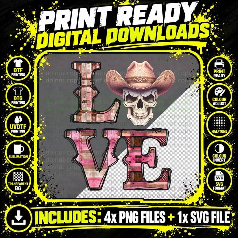 Love Western T-Shirt, Skull Wearing Cowboy Hat Graphic Png SVG Digital Bundle