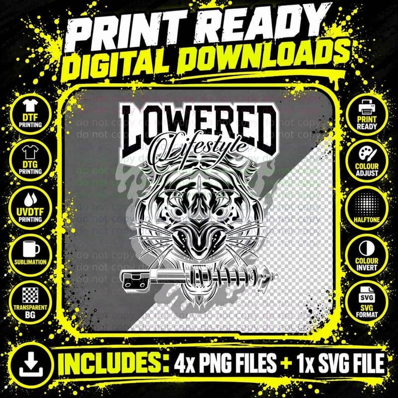 Lowered Lifestyle Black White Skull Engine T-Shirt Png SVG Digital Bundle