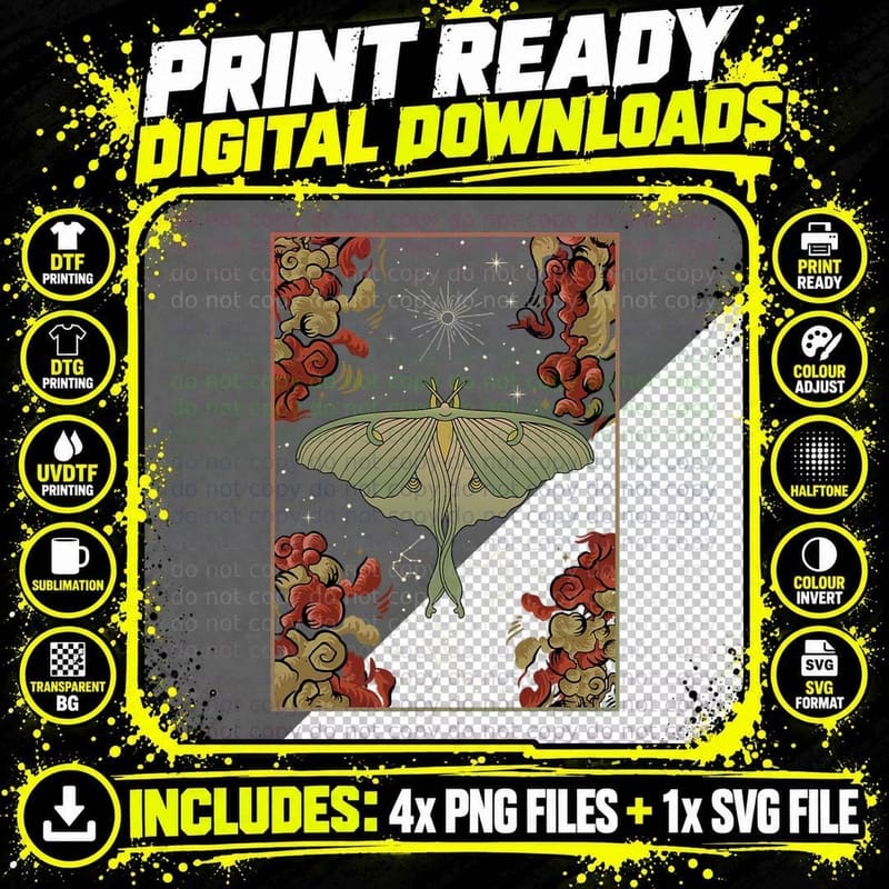 Luna Moth Print Dark Academia Aesthetic Witchy Celestial Png SVG Digital Bundle