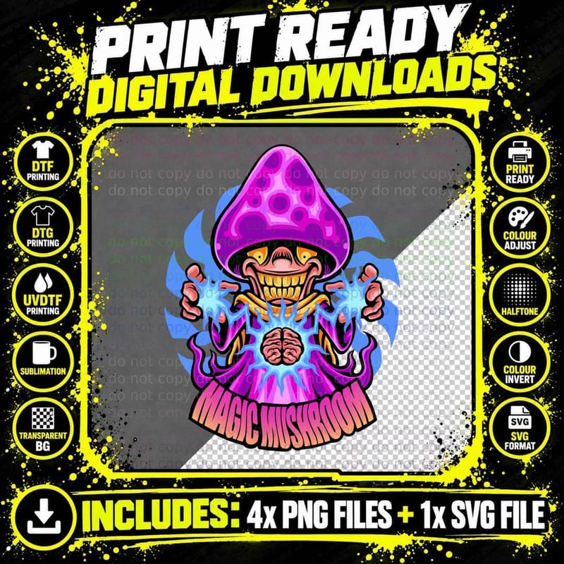 Magic Mushroom Skull Psychedelic Pink Trippy T-Shirt Png SVG Digital Bundle
