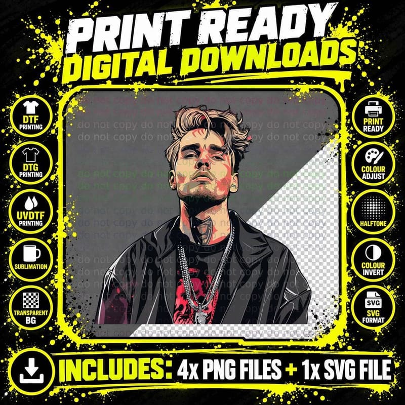 Male in Black Leather Jacket Tousled Blonde Hair Neck Png SVG Digital Bundle