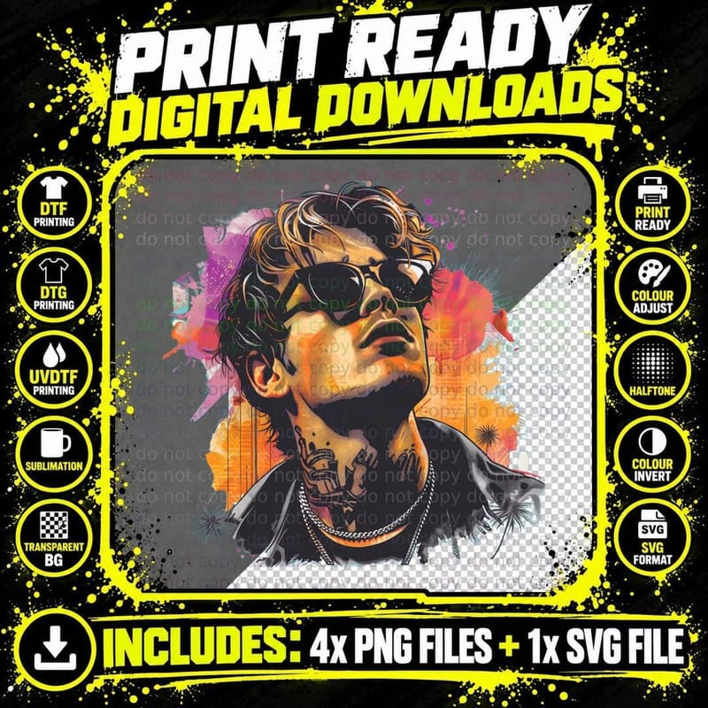 Male with Blonde-Tipped Hair Dark Sunglasses Neck Tattoo Png SVG Digital Bundle