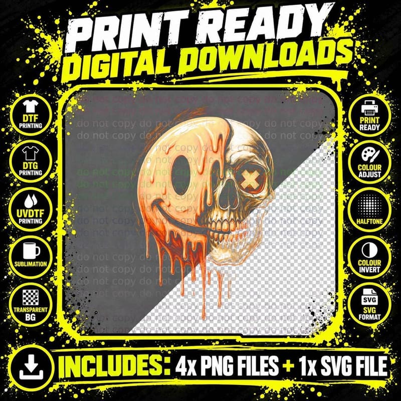 Melting Candy Drip Skull T-Shirt, Halftone Gothic Skull Png SVG Digital Bundle