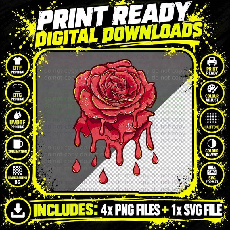 Melting Pink Red Rose Gothic Goth Dripping Flower Lover Png SVG Digital Bundle