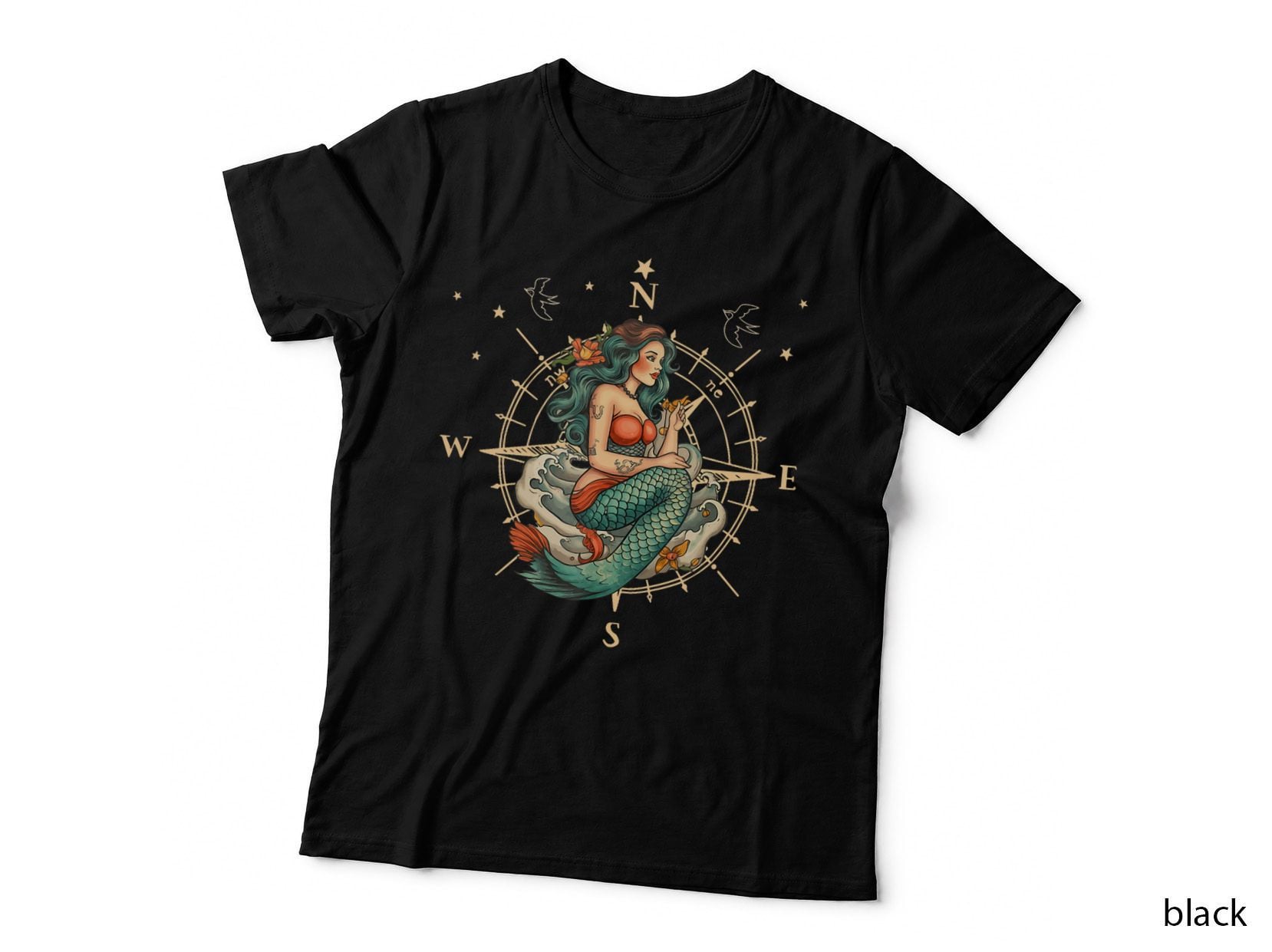 Mermaid Tattoo Design Sea Compass Mermaid Tattoo Style, Mermaid T-Shirt
