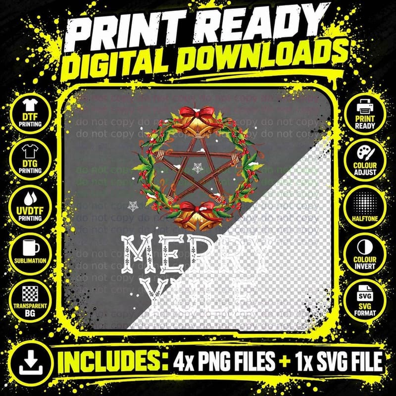 Merry Yule - Winter Solstice - Holly Pentagram - Gift Png SVG Digital Bundle