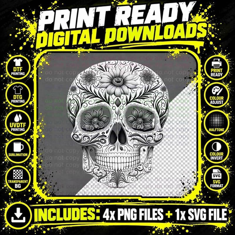 Mexican Skull Art Dia De Los Muertos T-Shirt Png SVG Digital Bundle