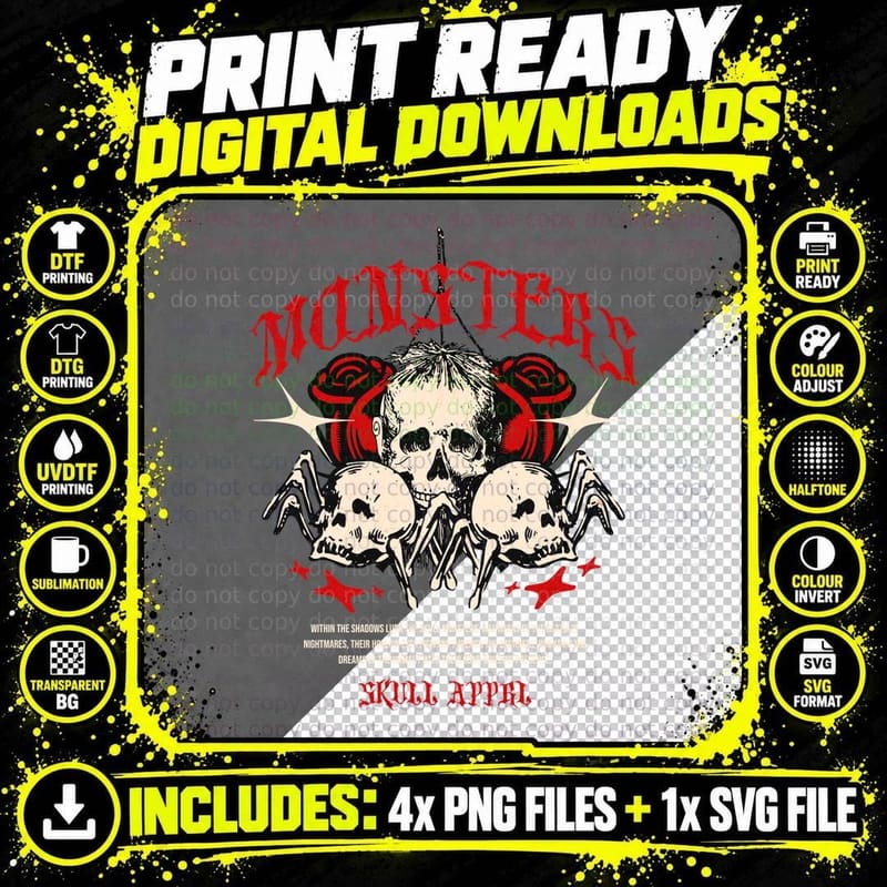 Monster Skull Appel Roses Red Dark Gothic T-Shirt Png SVG Digital Bundle