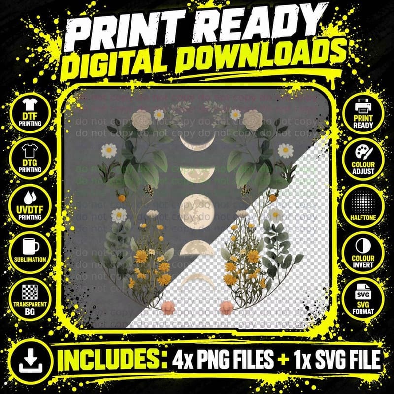 Moon Phases Dark Academia Flowers Moon Phases T-Shirt Png SVG Digital Bundle