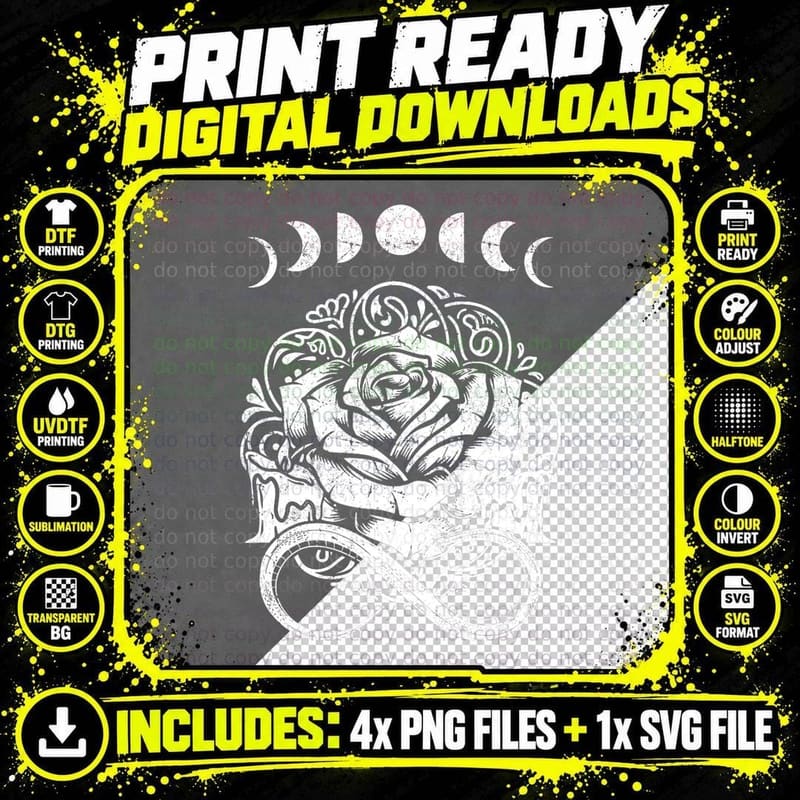 Moon Phases Tattoo Style Rose Pagan Witchcraft Occult Png SVG Digital Bundle