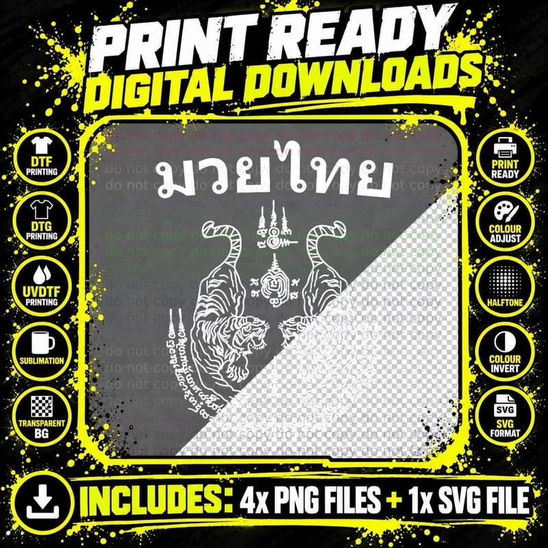 Muay Thai Language Sak Yant Art Tattoo Twin Tiger Png SVG Digital Bundle