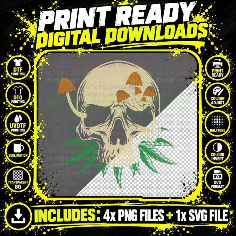 Mushroom Skull with Orange Mushrooms and Green Leaves Png SVG Digital Bundle