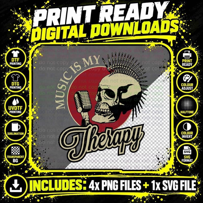 Music Is My Therapy Skull with Microphone and Sunburst Png SVG Digital Bundle
