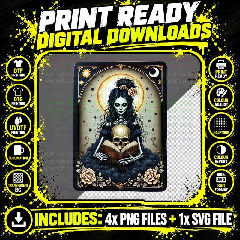 Mystical Sugar Skull Woman Cloud Gold Arch Stars Book Png SVG Digital Bundle