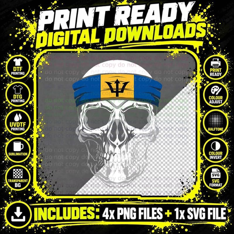 Nationality Country Origin - Skull Flag Barbados T-Shirt Png SVG Digital Bundle