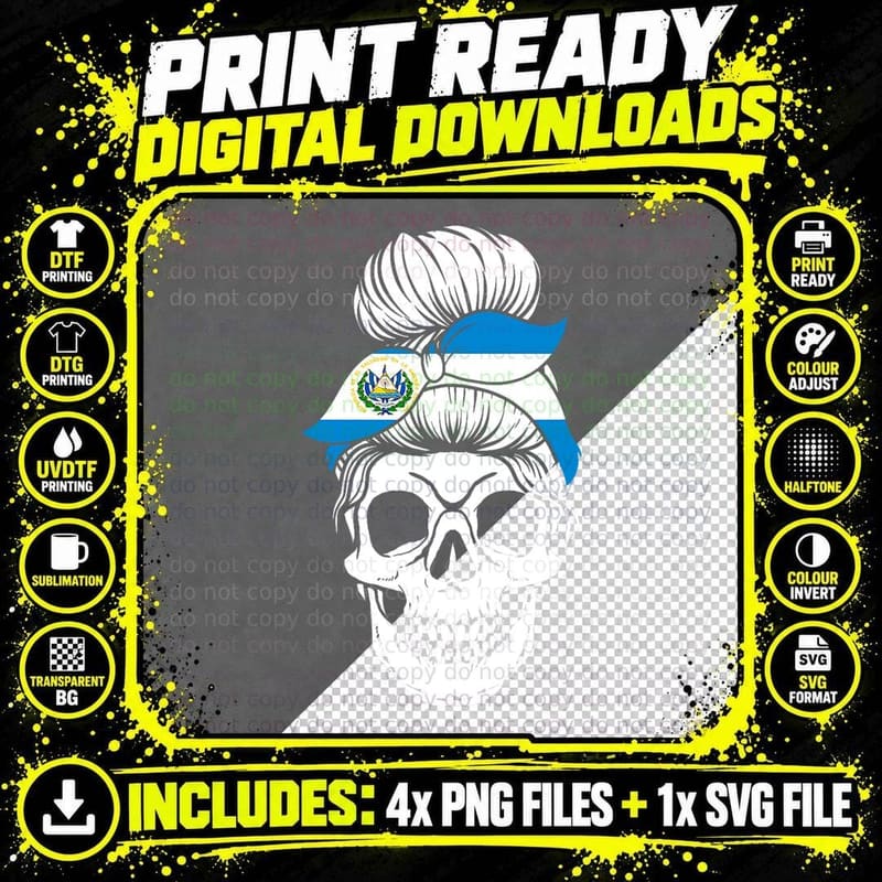 Nationality Country Origin - Skull Flag El Salvador Png SVG Digital Bundle