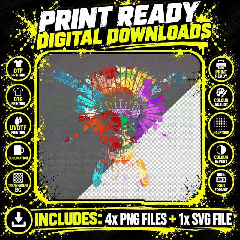 Native Heritage Headdress Colorful Skull Native American Png SVG Digital Bundle