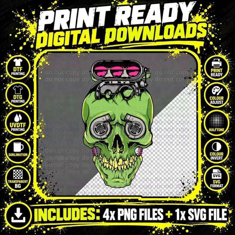 Neon Green Skull Car Wheel Eyes Motorsport T-Shirt Png SVG Digital Bundle