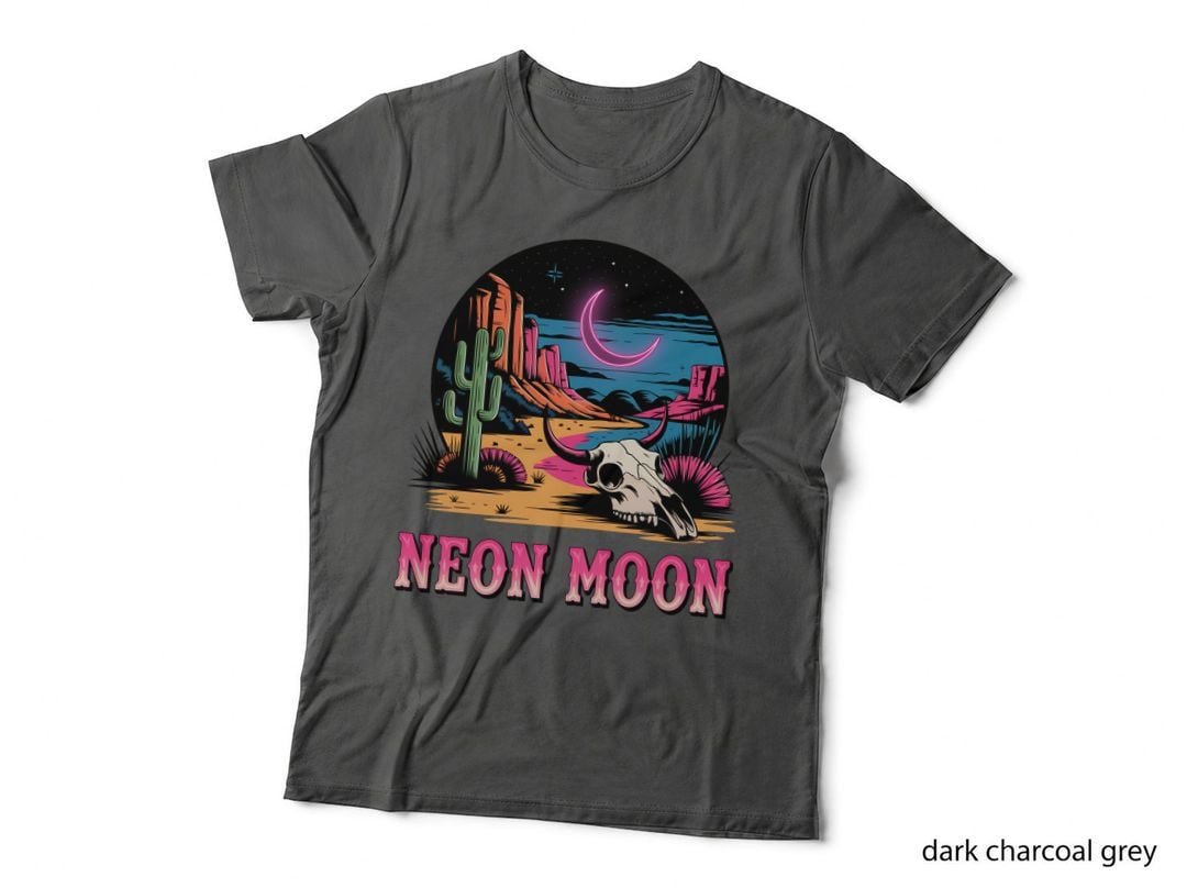 Neon Moon Western T-Shirt, Desert Night with Cactus and Skull Graphic Tee