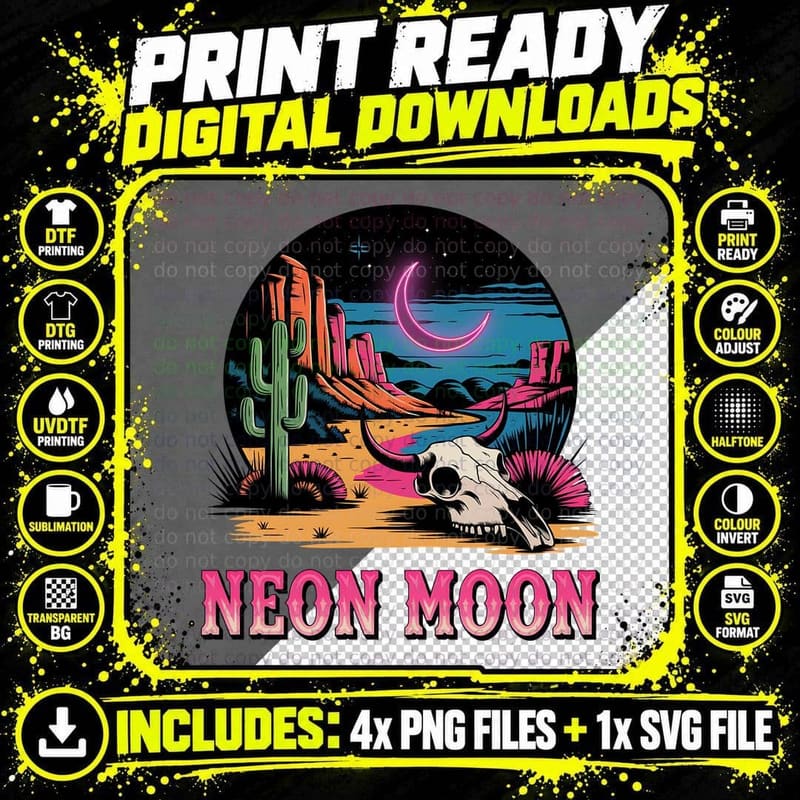 Neon Moon Western T-Shirt, Desert Night with Cactus and Png SVG Digital Bundle