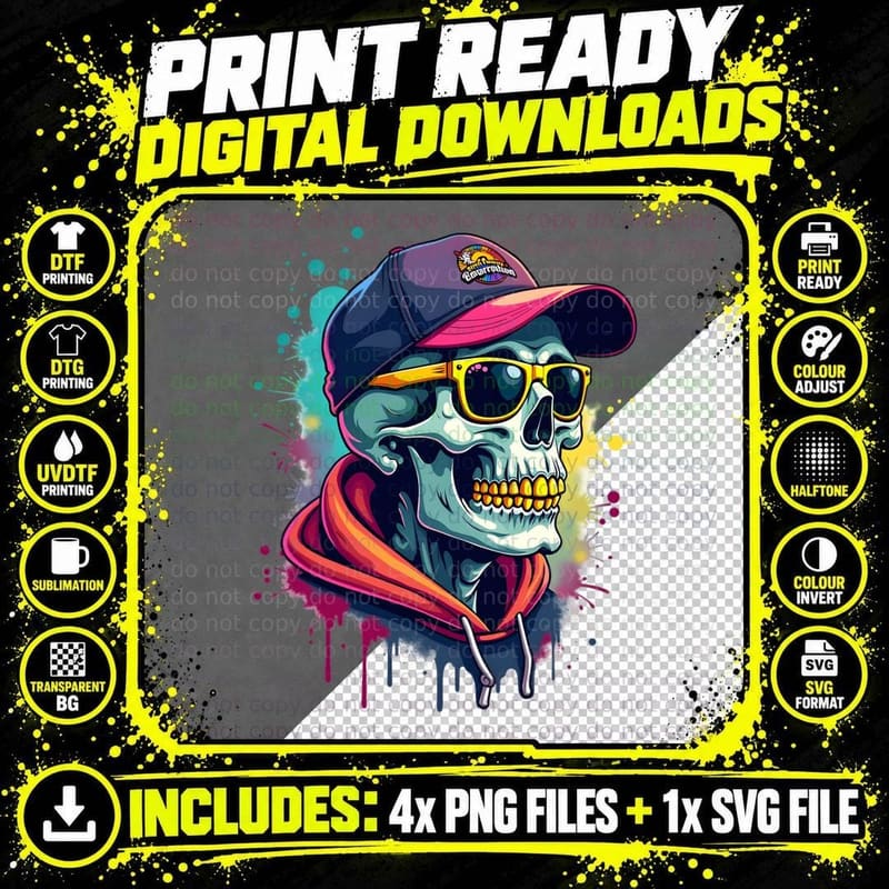 Neon Street Art Skull T-Shirt Png SVG Digital Bundle